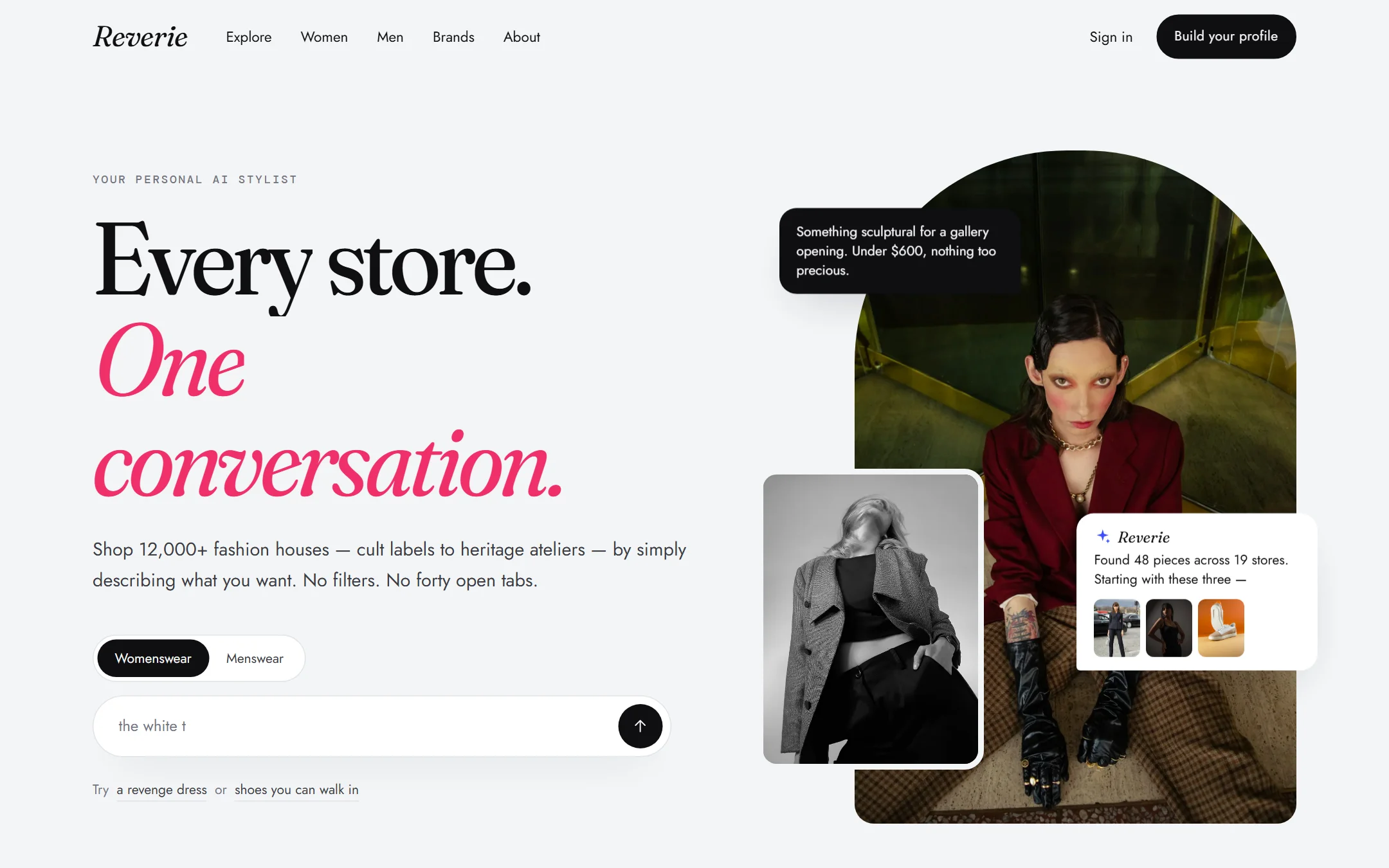 Reverie AI fashion e-commerce website design homepage hero with conversational shopping bar