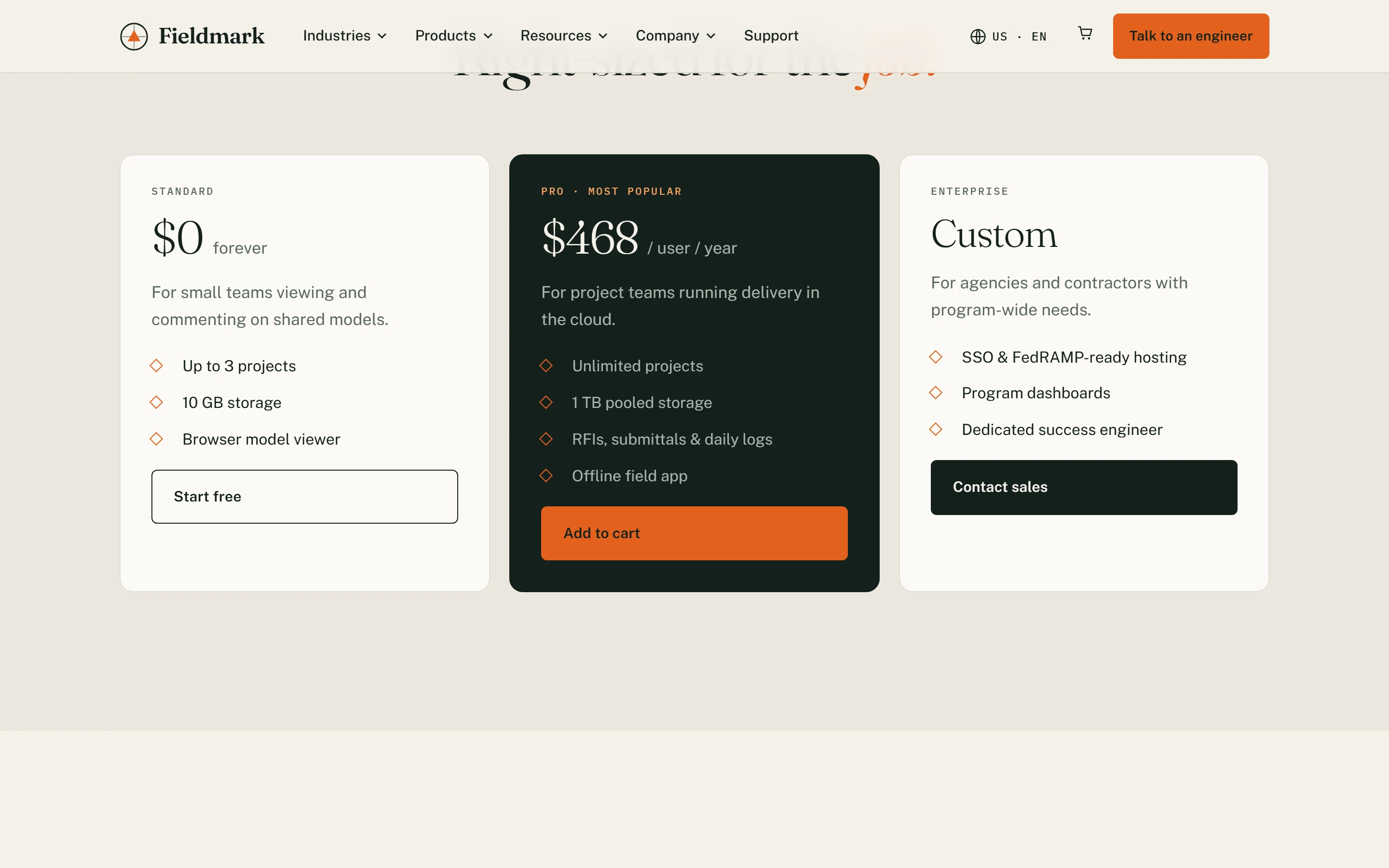 Three-tier plan comparison for construction management software
