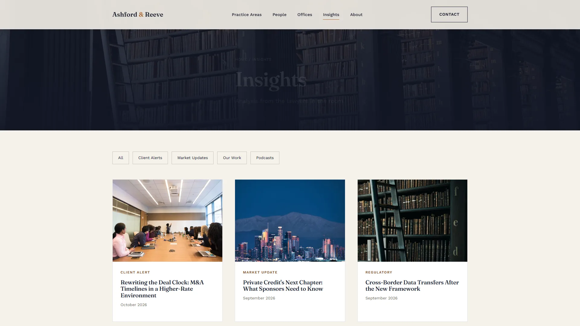 Law firm insights hub grid with type filters