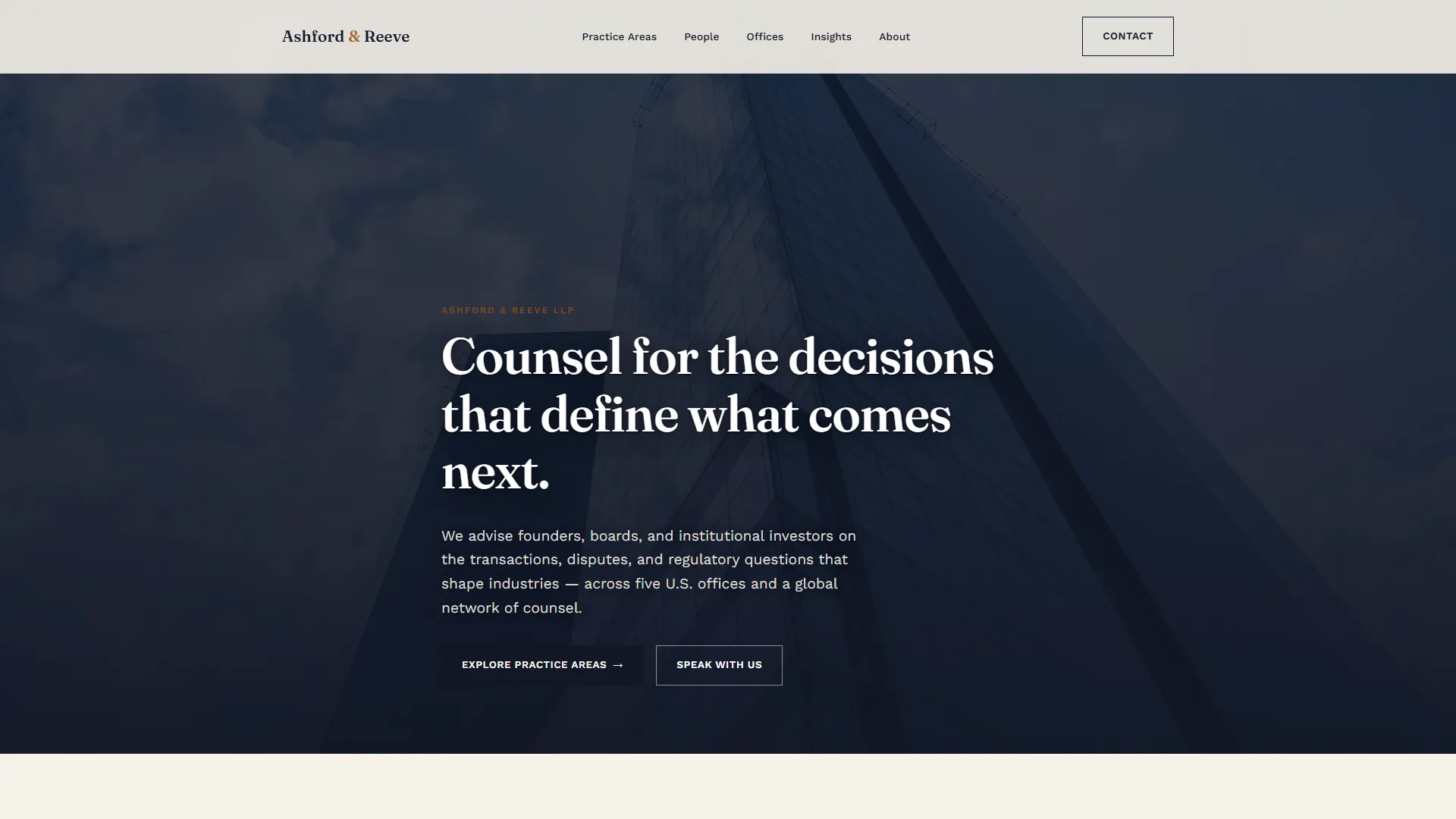 Custom law firm website design: Ashford & Reeve home page hero