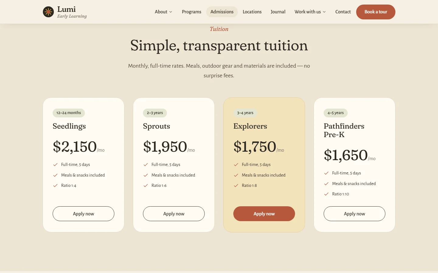Transparent monthly tuition cards on a preschool admissions page