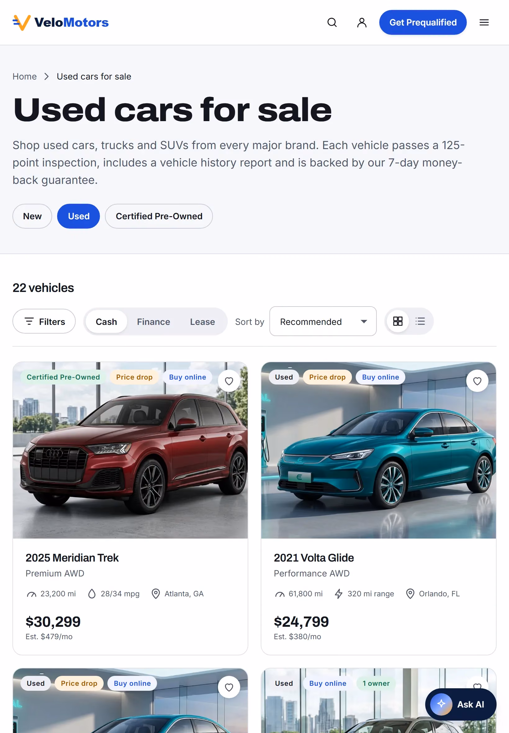 Responsive web design: used car listings page on a tablet