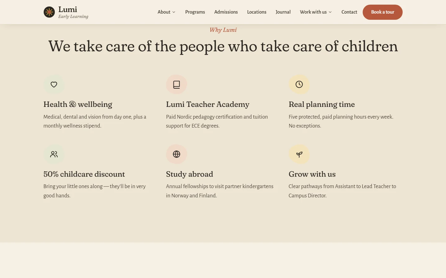Teacher careers page for an early learning brand, showing perks