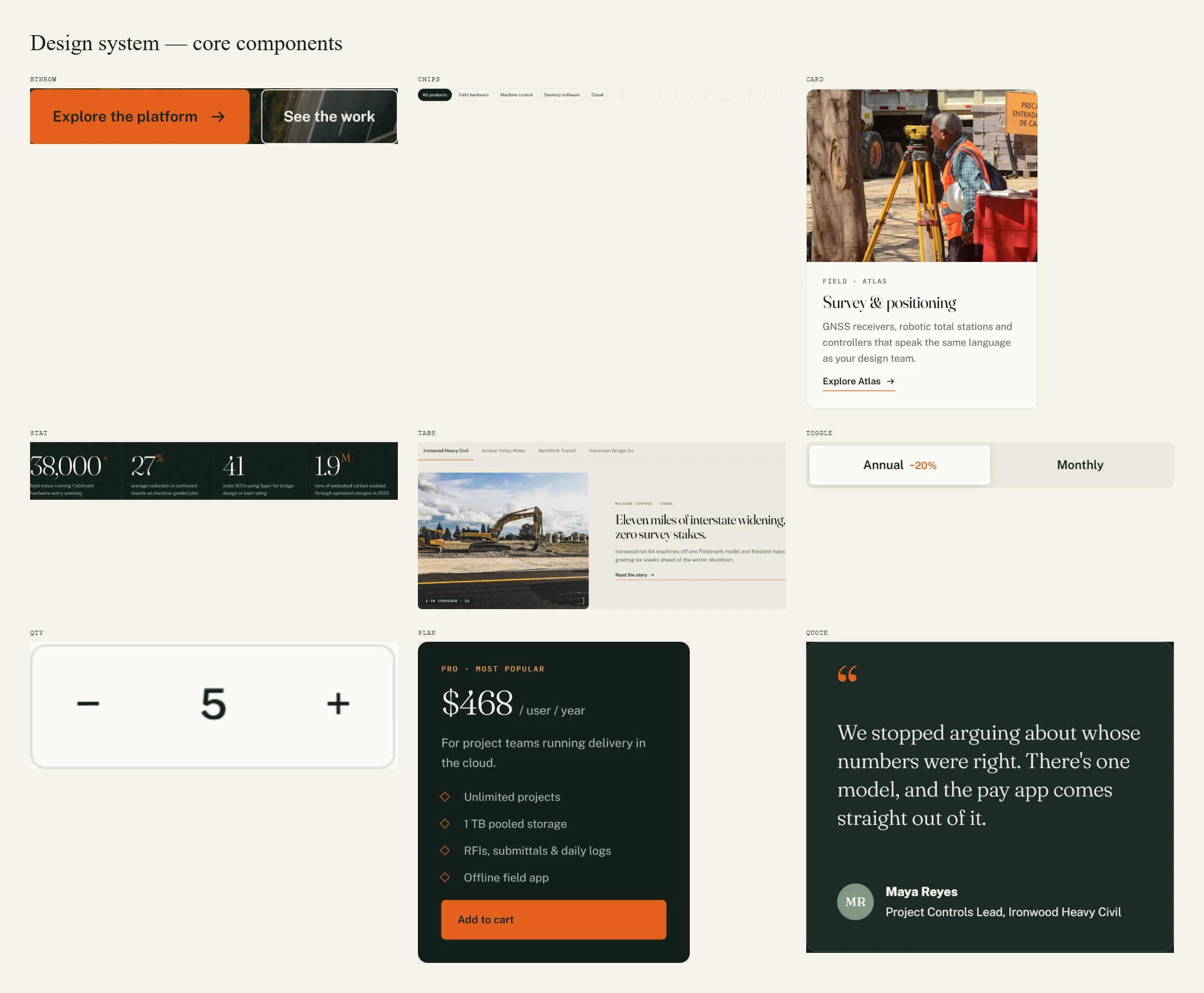 Design system component sheet for a civil tech SaaS website