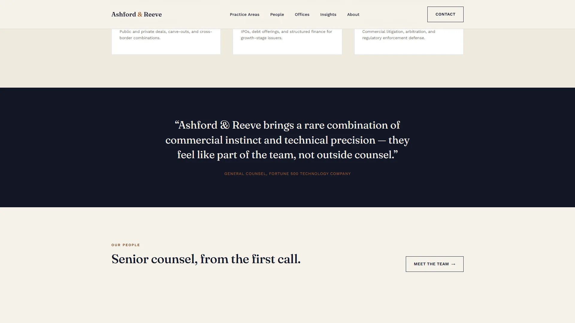 Dark testimonial band on a custom law firm website