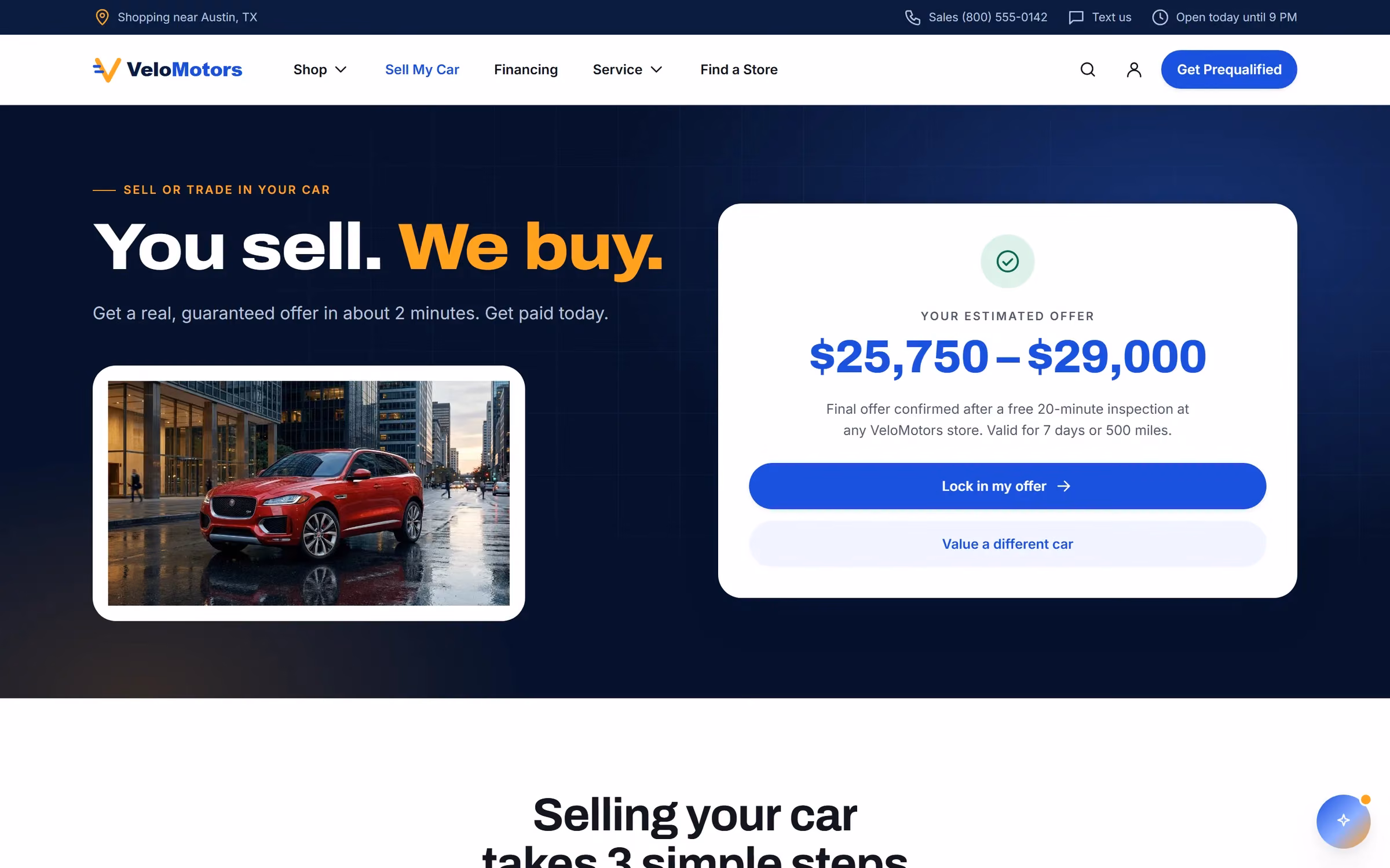 Sell my car online page showing an instant cash offer range for a trade-in