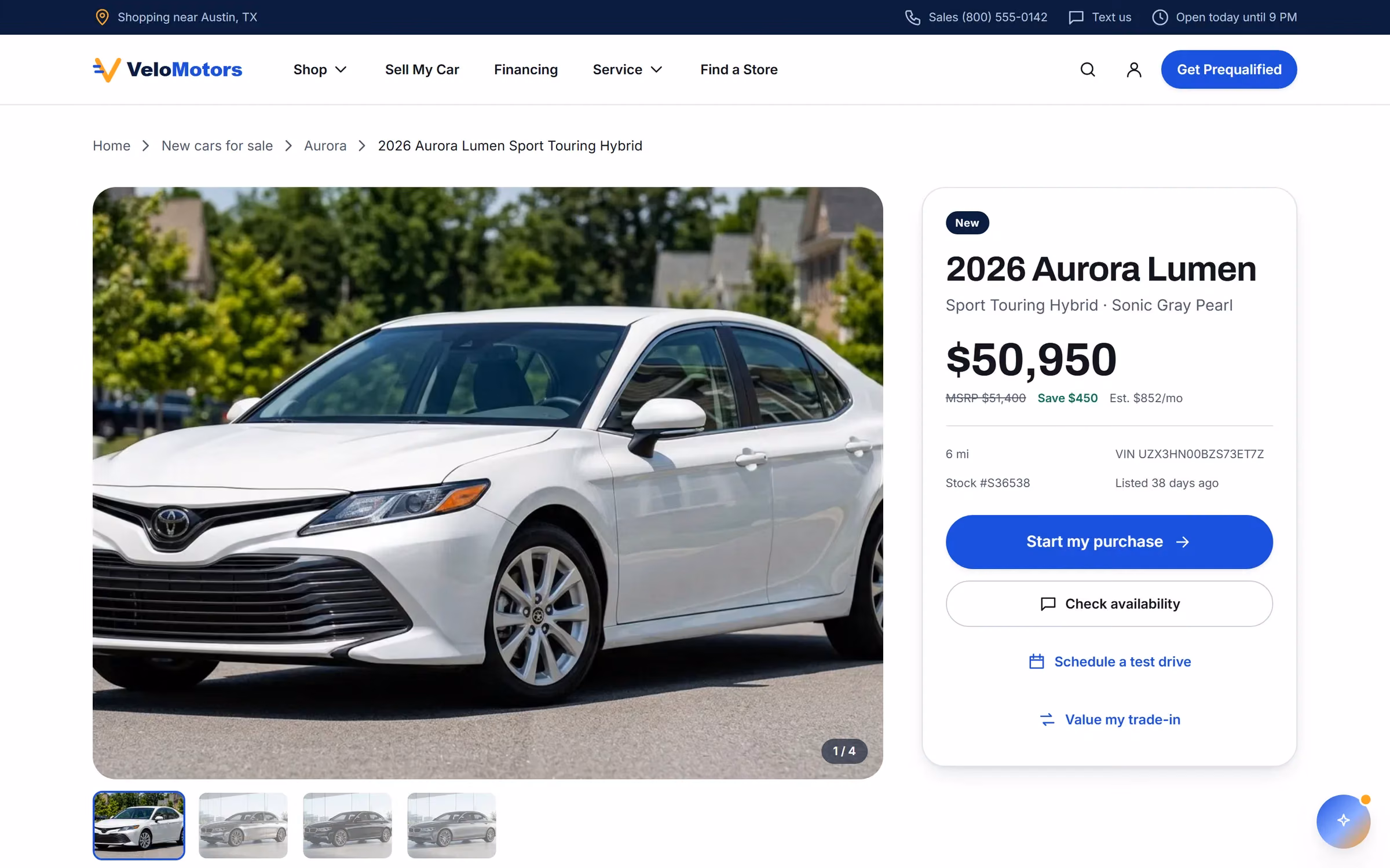 Vehicle detail page design with photo gallery, price and purchase buttons