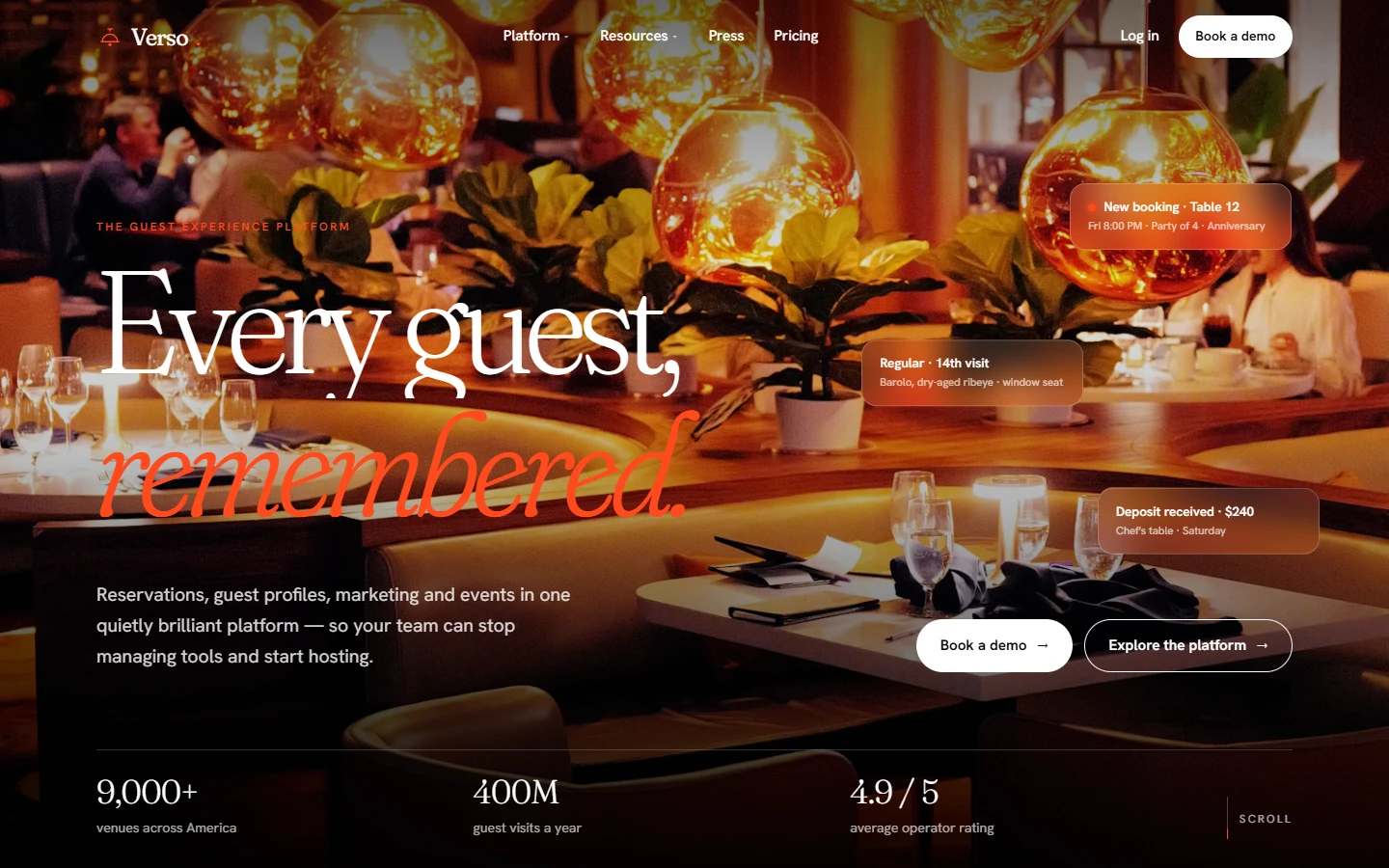 Immersive hospitality website design hero for Verso guest experience platform