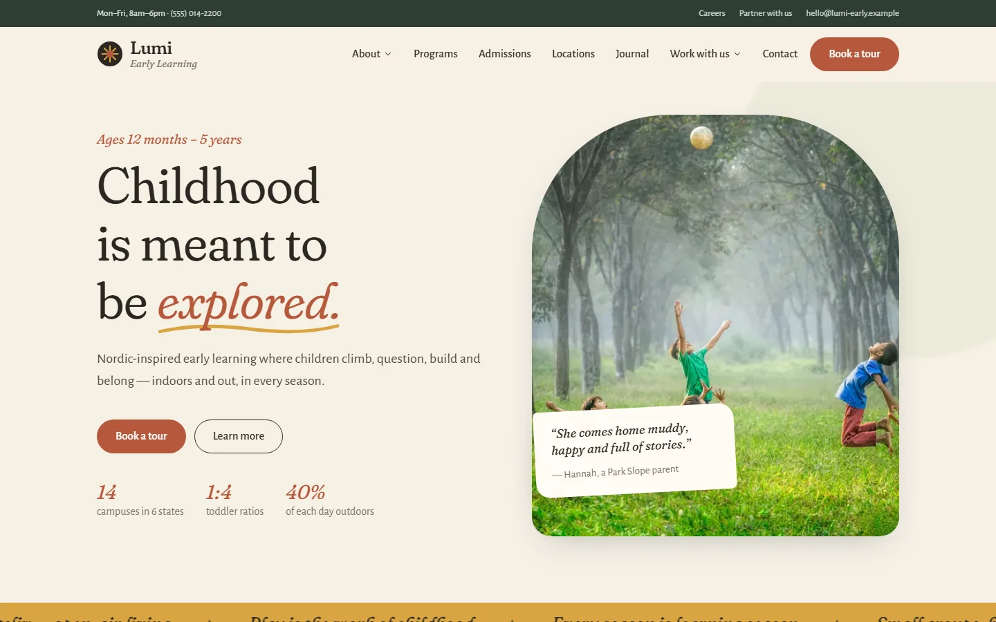 Lumi Early Learning homepage hero, education website design with Nordic outdoor play photography
