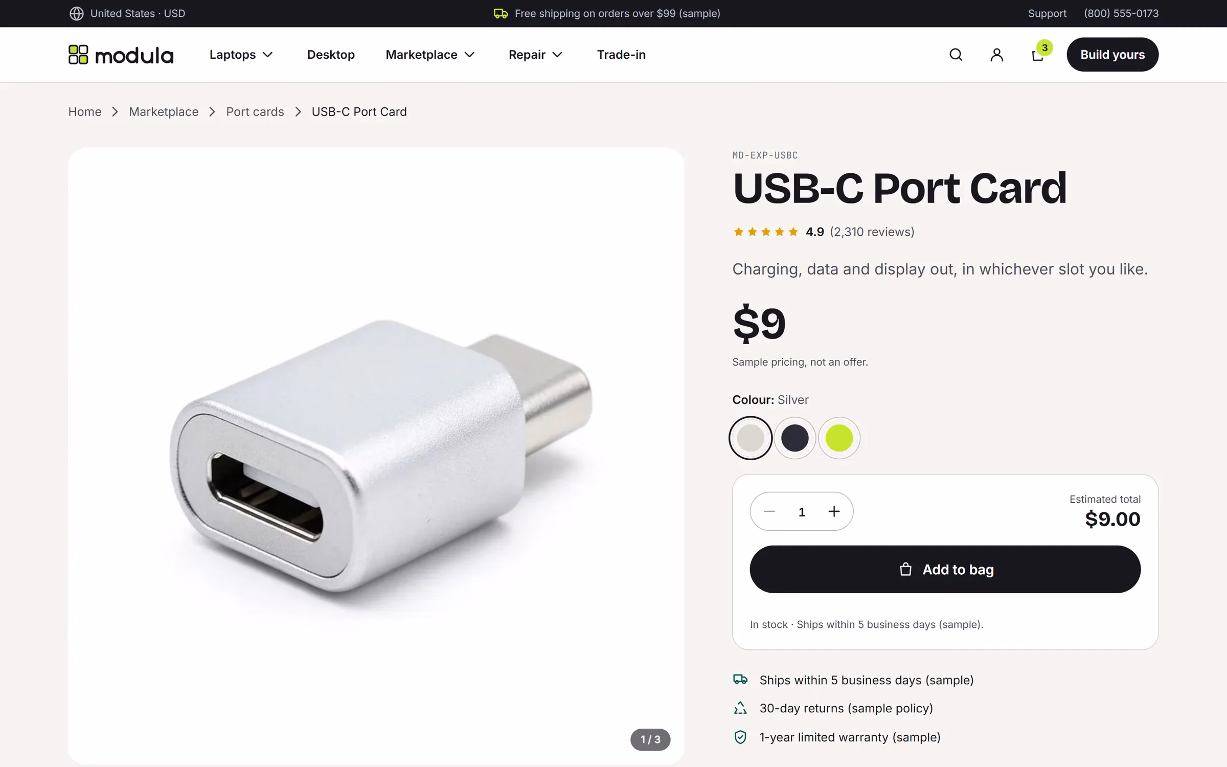 Product page for a USB-C port card with gallery, buy box and compatibility table