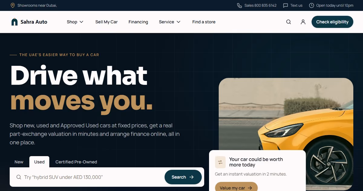 Sahra Auto UAE: car dealership website design for Dubai and the Emirates