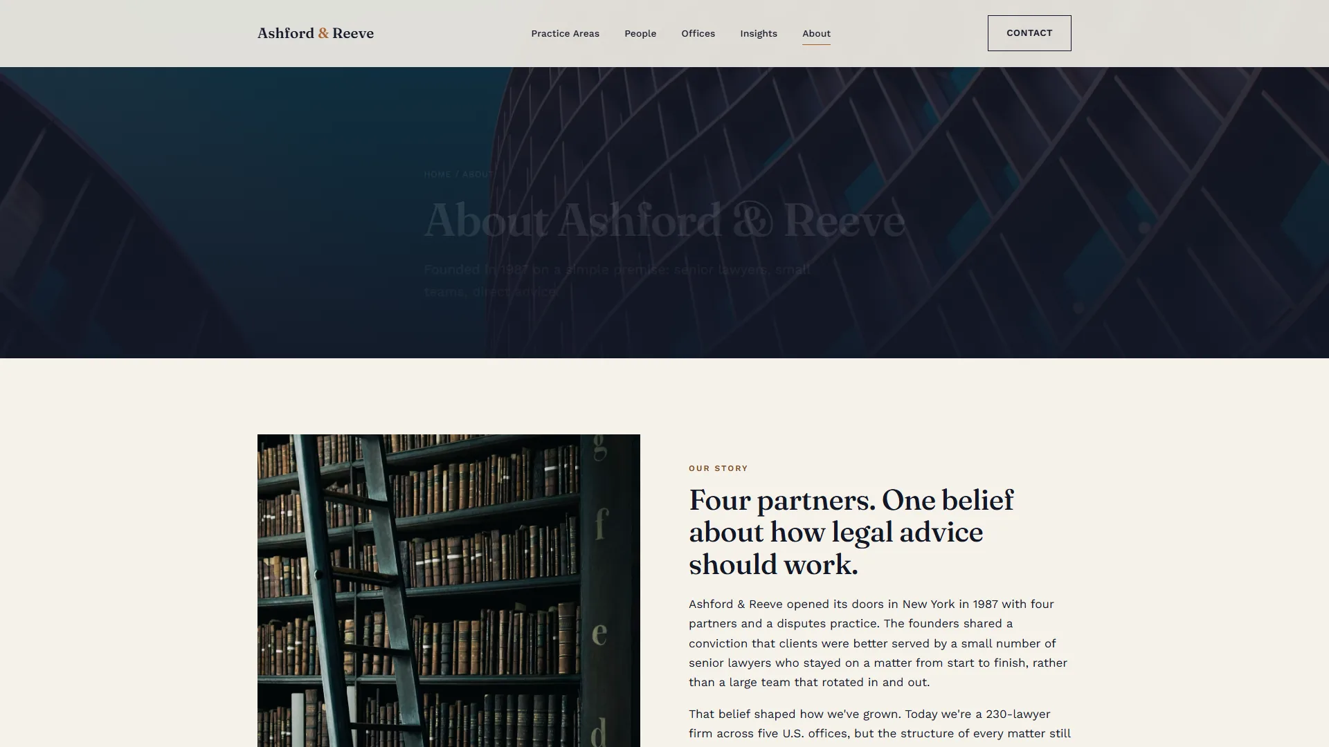 About page hero and firm story for a law firm website