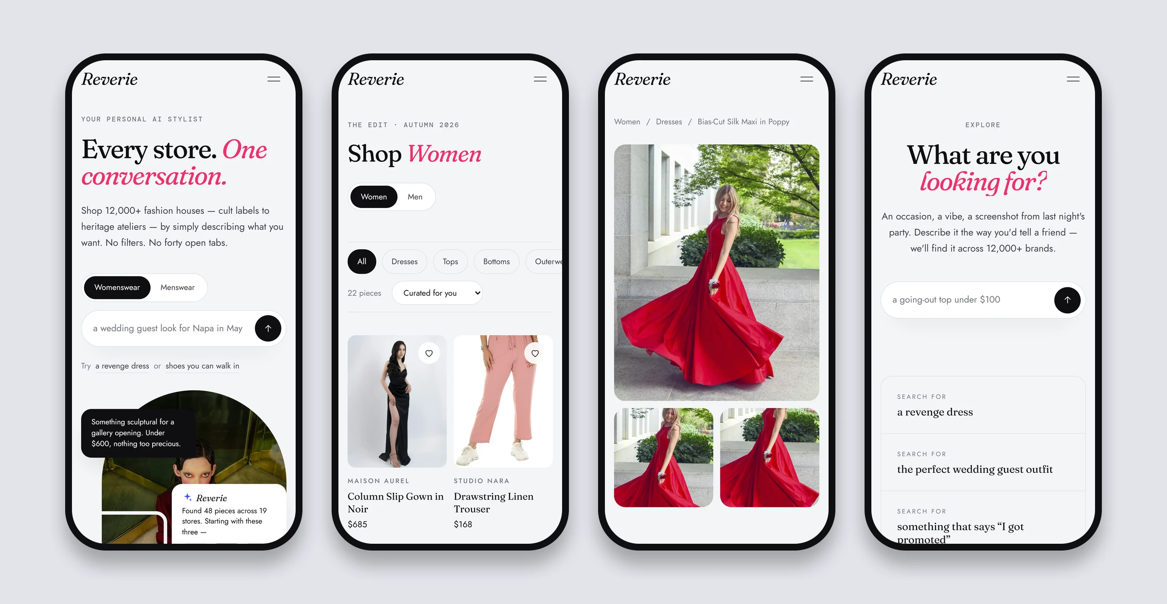 Responsive mobile fashion e-commerce website design: home, browse, product and explore screens