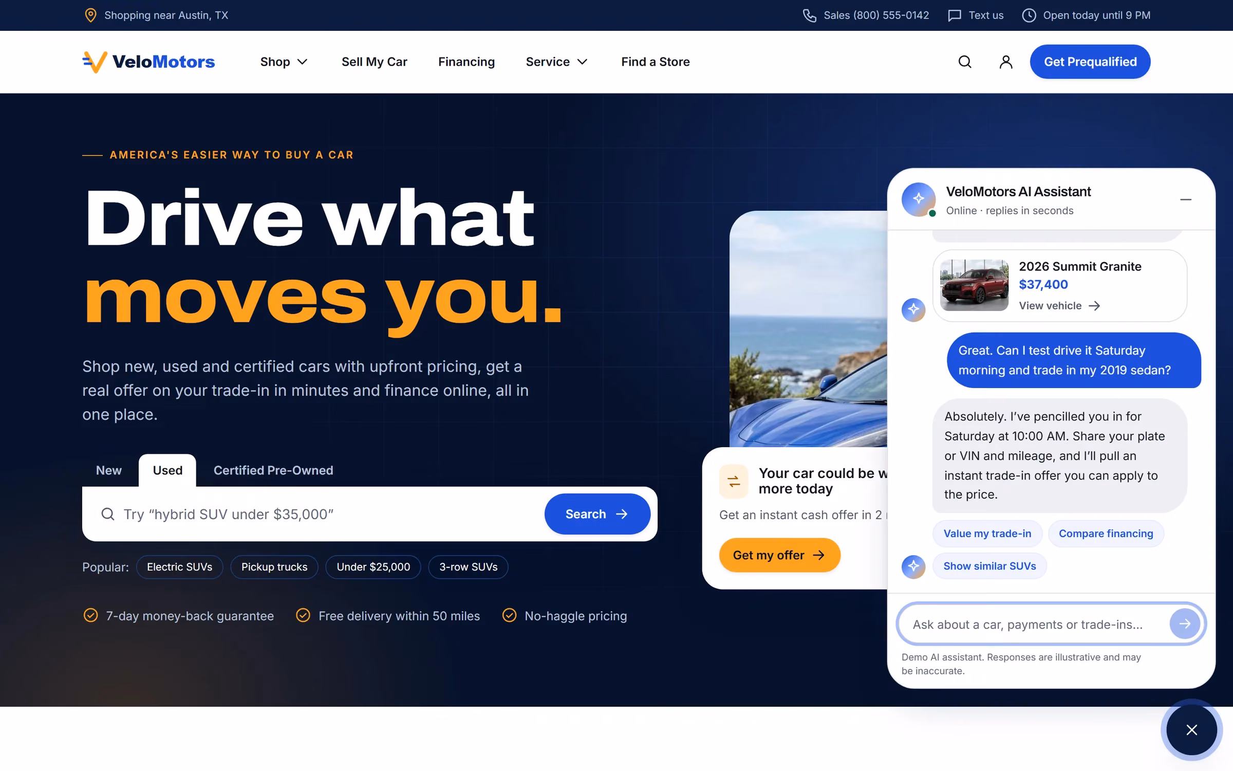 AI chat assistant on a car dealership website answering a vehicle availability question