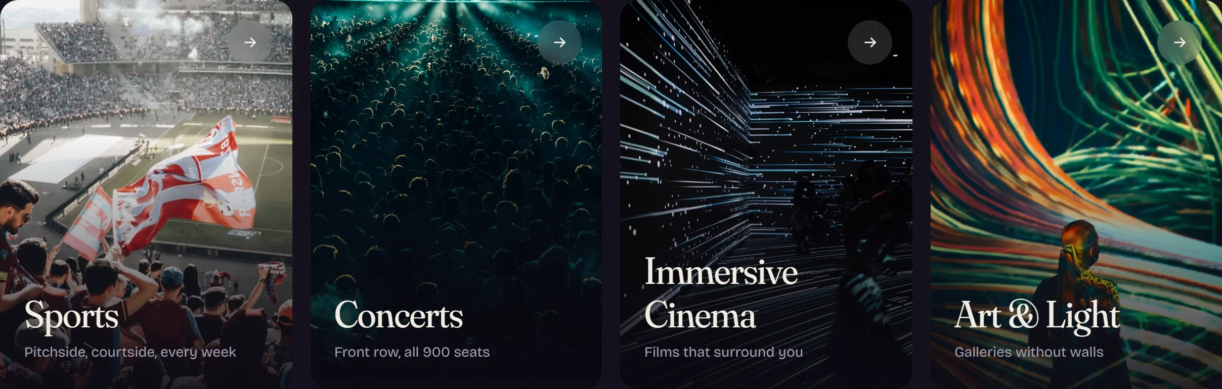 Event category tiles for sports, concerts, cinema and art