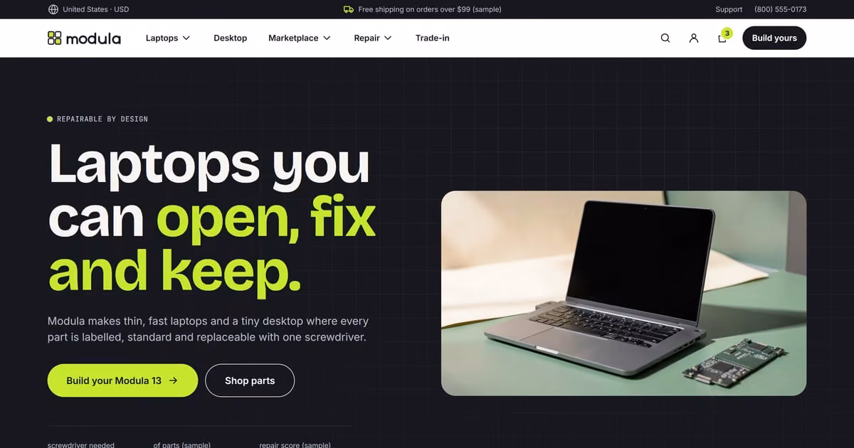 Modula home page with a dark hero, modular laptop photo and a lime call to action