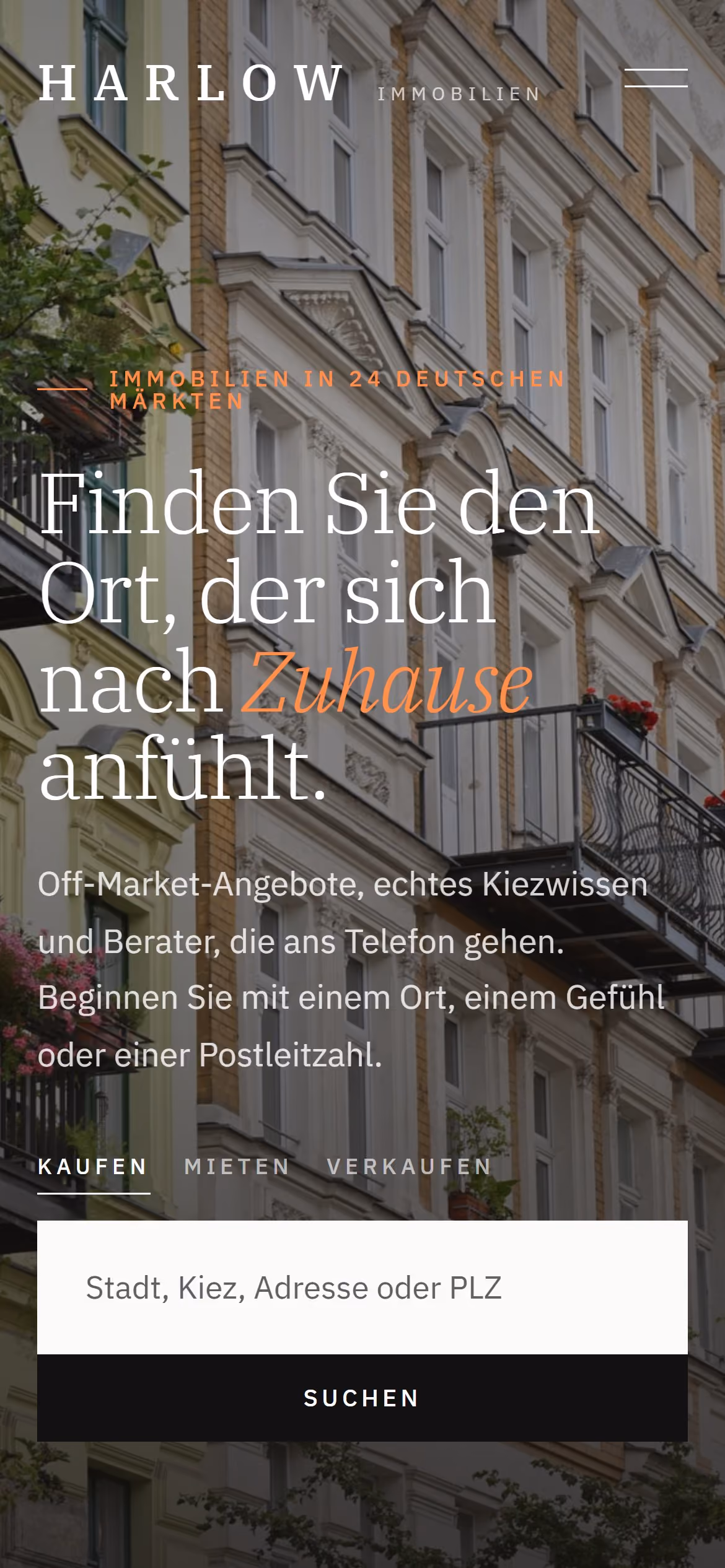Mobile Maklerwebsite mit deutscher Suche nach Stadt, Kiez oder PLZ