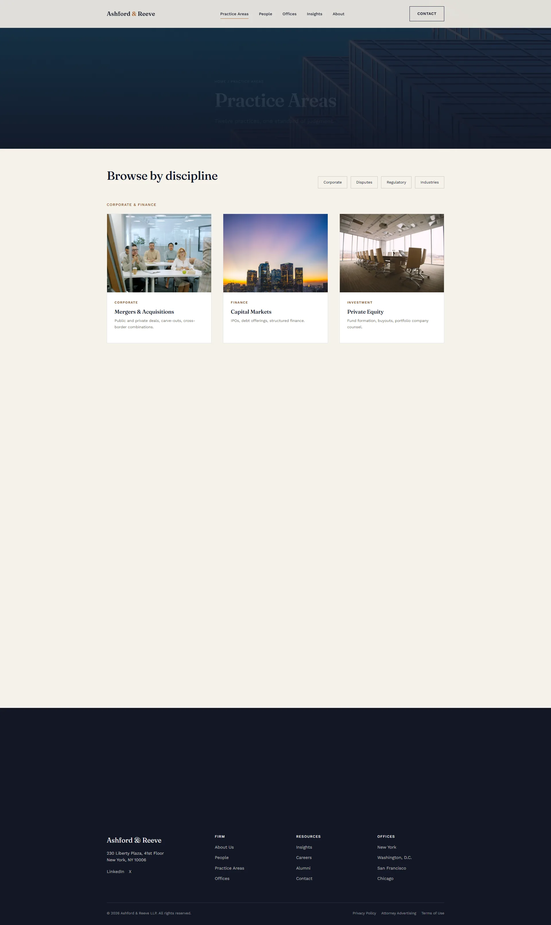Law firm practice areas directory page with category tags and grid