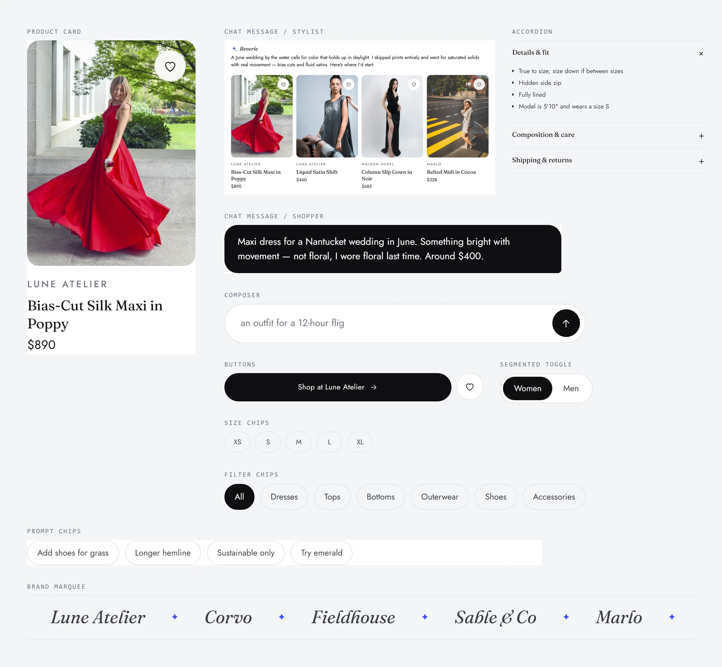 Fashion design system UI components: product card, chat messages, composer, chips and accordion