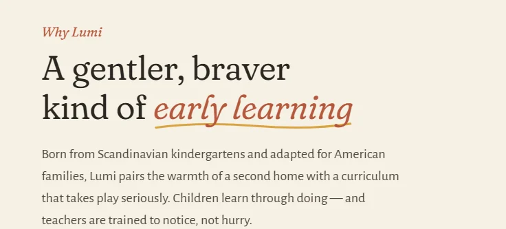 Hand-drawn underline and italic serif typography detail on a preschool website