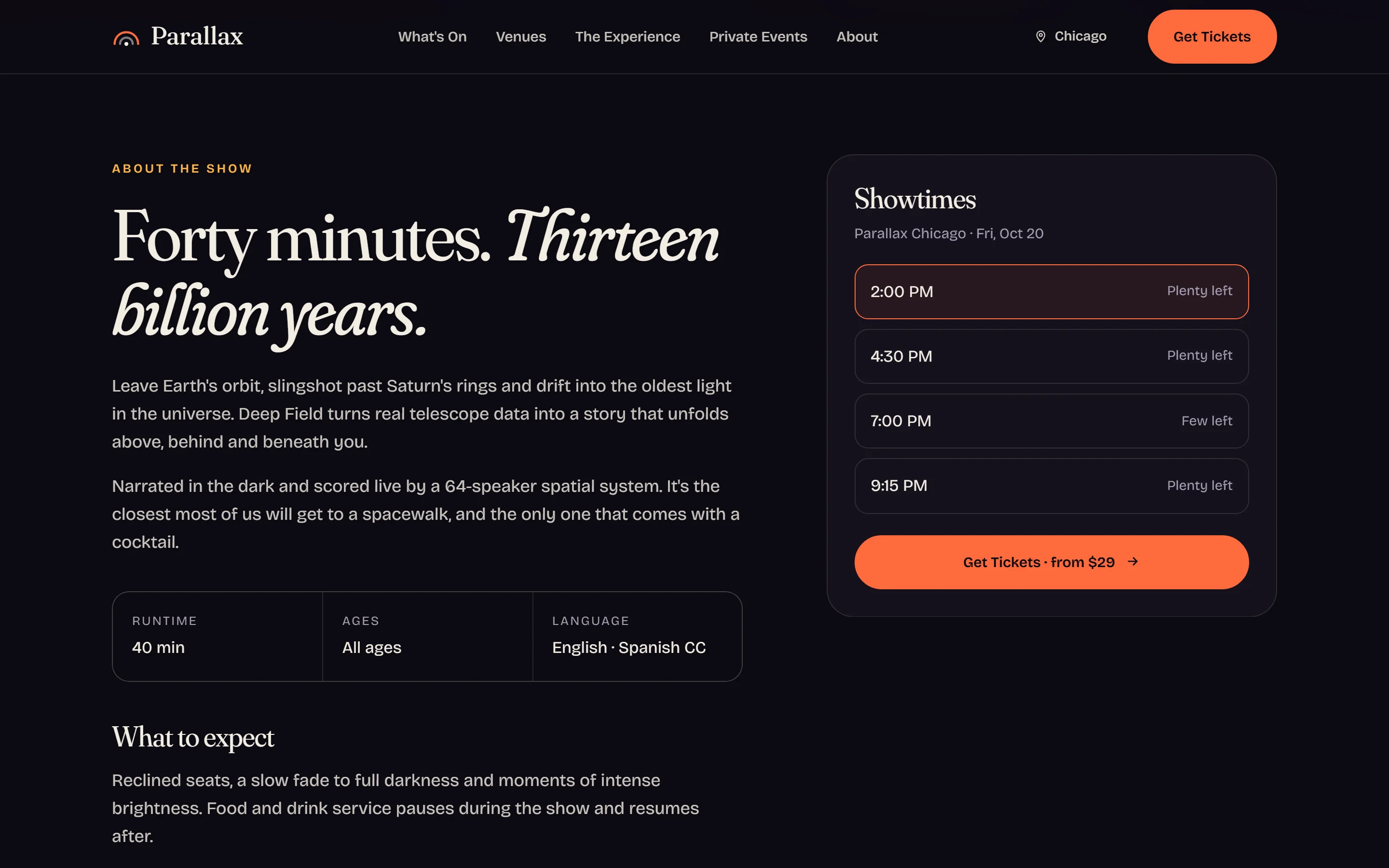 Venue ticketing page with showtime selector
