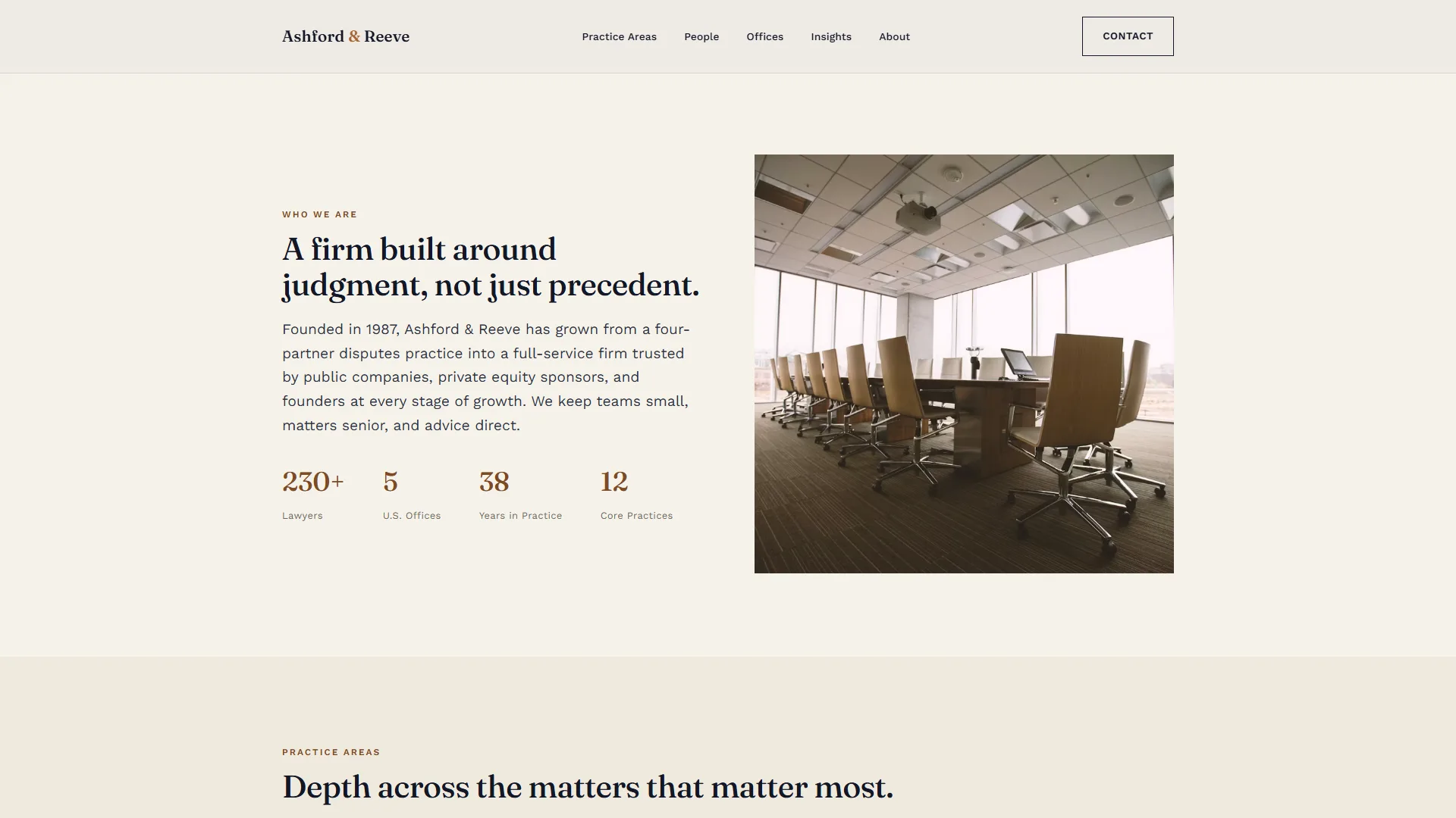 Law firm website design home page stats section beside a conference room image