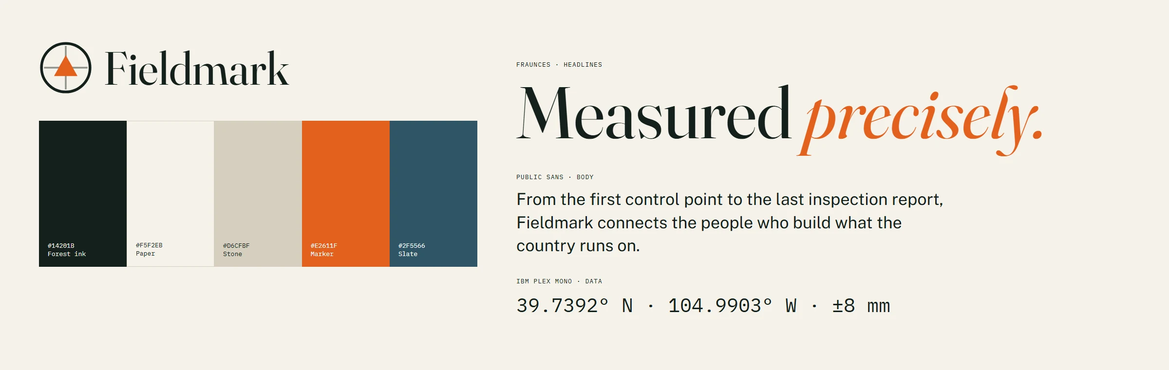 Fieldmark brand identity color palette and typography system