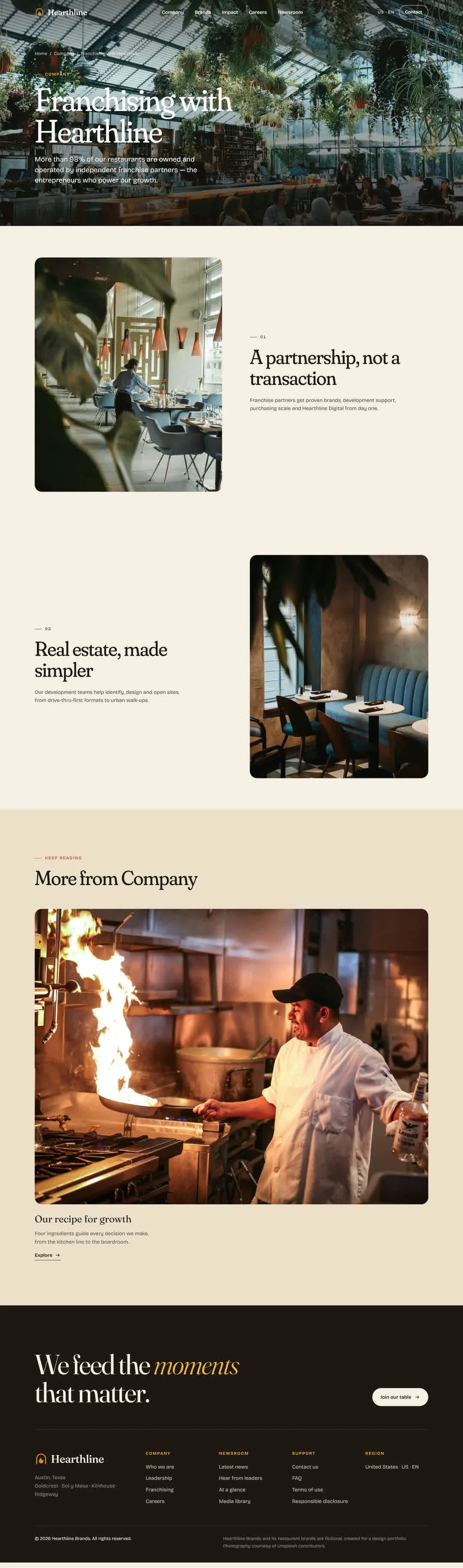 Franchise page UI UX design for a restaurant group