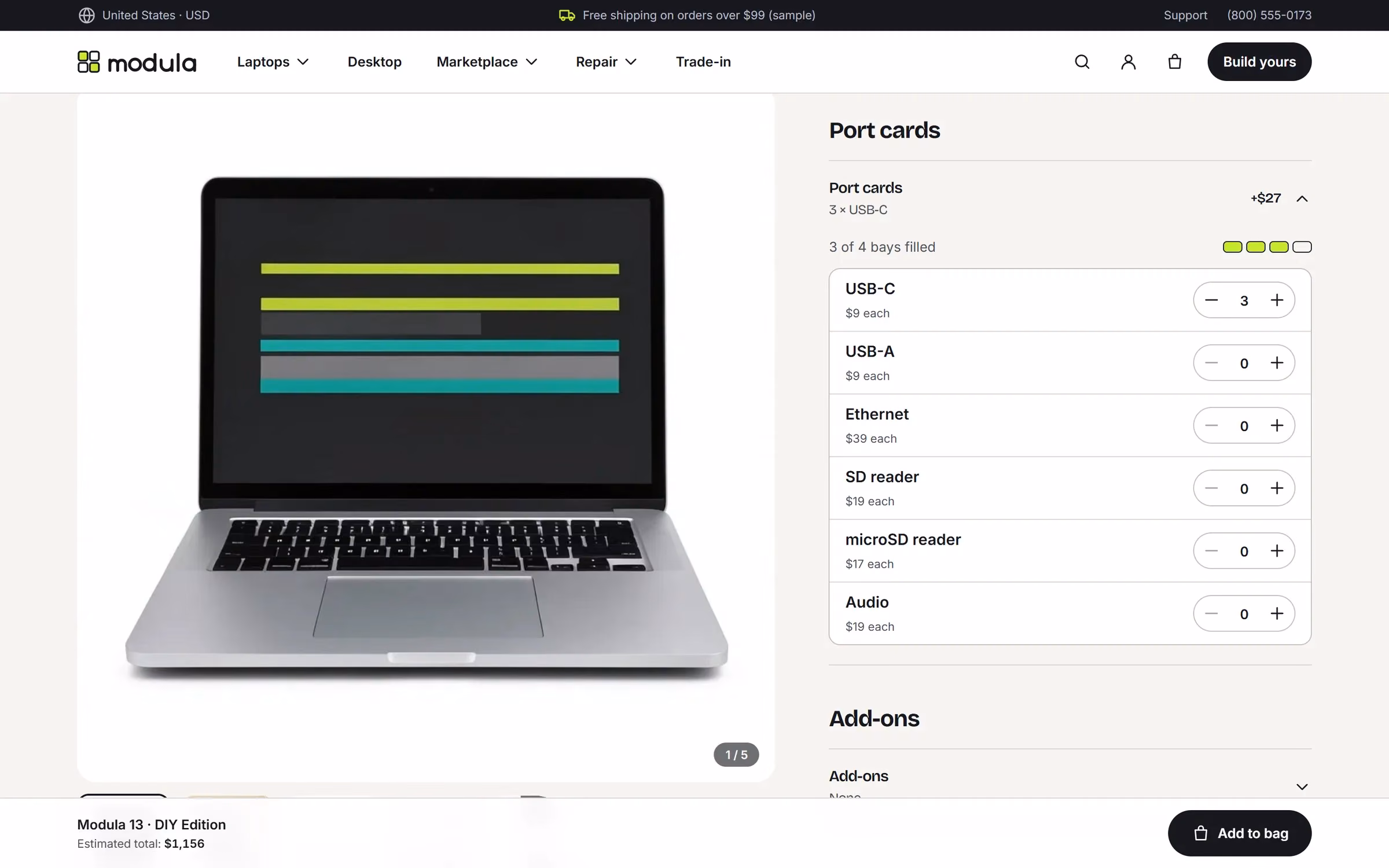 Configurator option cards with price differences and a port-card bay counter