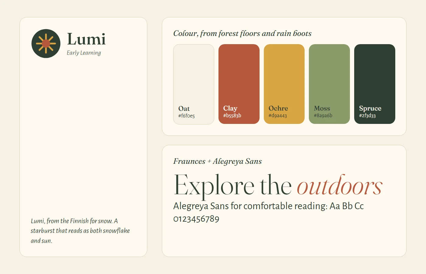 Lumi brand identity: logo, earthy color palette and typography for a preschool website